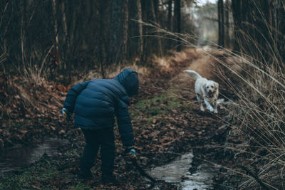 Rear view of man in forest