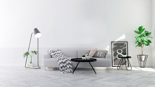 Modern scandinavian style , living room interior concept, gray sofa on wood floor with white wall