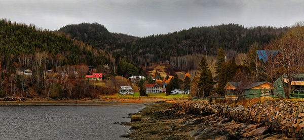 Scenic view of trees and houses against sky