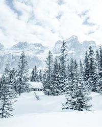 Scenic view of snow covered mountains against sky