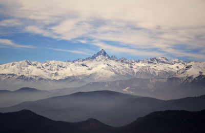 Scenic view of snowcapped mountains against sky