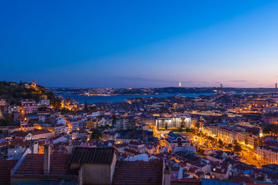 High angle shot of illuminated cityscape against sky at dusk