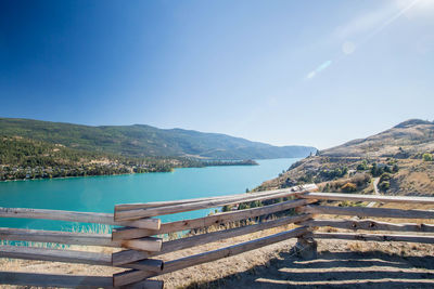 Scenic view of lake and mountains against clear blue sky