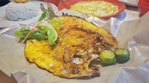 High angle view of food in plate on table