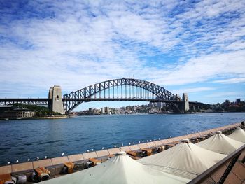 View of bridge over river against cloudy sky