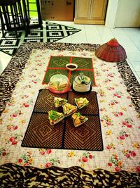 High angle view of floral pattern on table