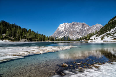 Scenic view of lake and snowcapped mountains against clear blue sky