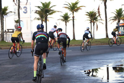 People riding bicycles on road