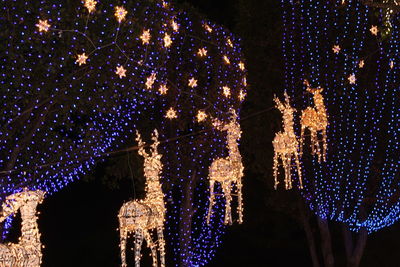 Low angle view of illuminated decoration hanging at night during christmas