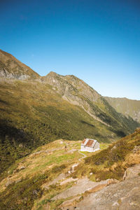 Scenic view of mountains against clear blue sky