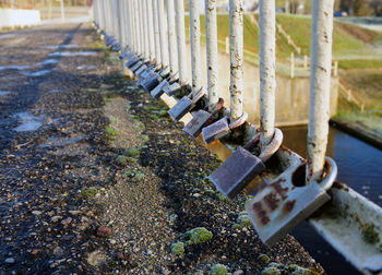 Rusty metal fence by land