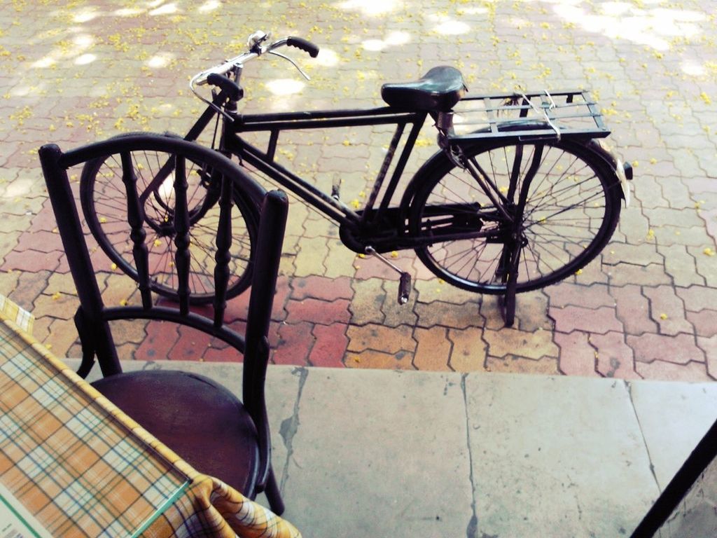 bicycle, animal themes, mode of transport, transportation, land vehicle, one animal, high angle view, sunlight, shadow, stationary, street, no people, cobblestone, bird, day, domestic animals, outdoors, sidewalk, animals in the wild, parked