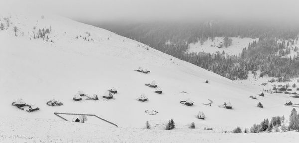 High angle view of landscape against sky during winter