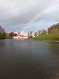 Scenic view of river against cloudy sky