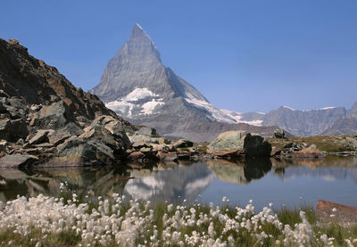 Scenic view of lake and mountains against clear sky