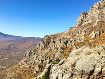 Scenic view of mountains against clear blue sky