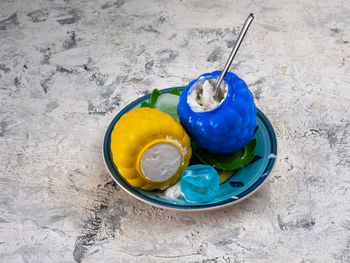 High angle view of drink on table
