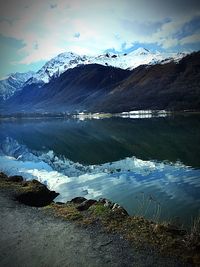 Scenic view of lake by snowcapped mountains against sky