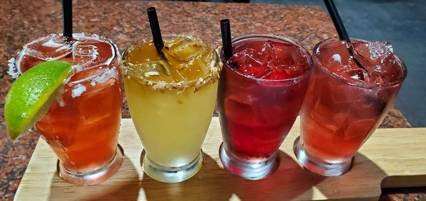 High angle view of fruits in glass on table
