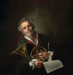 Portrait person french horn homage to a painting by louis gabriel blanchet horn musical nstrument