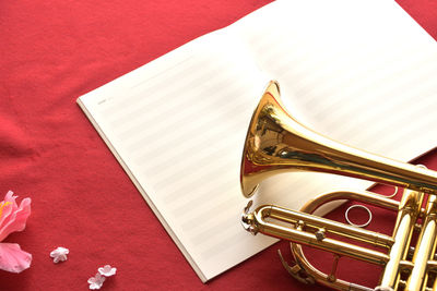 High angle view of piano on table