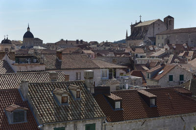 Buildings in city against clear sky