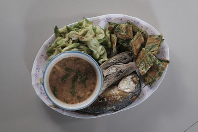 High angle view of meal served on table