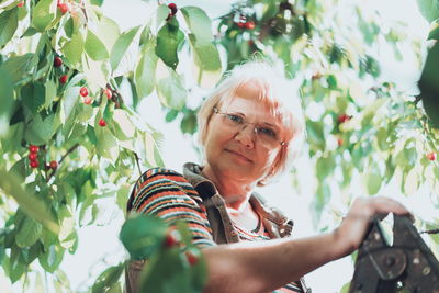 Low angle view of woman on ladder in tree