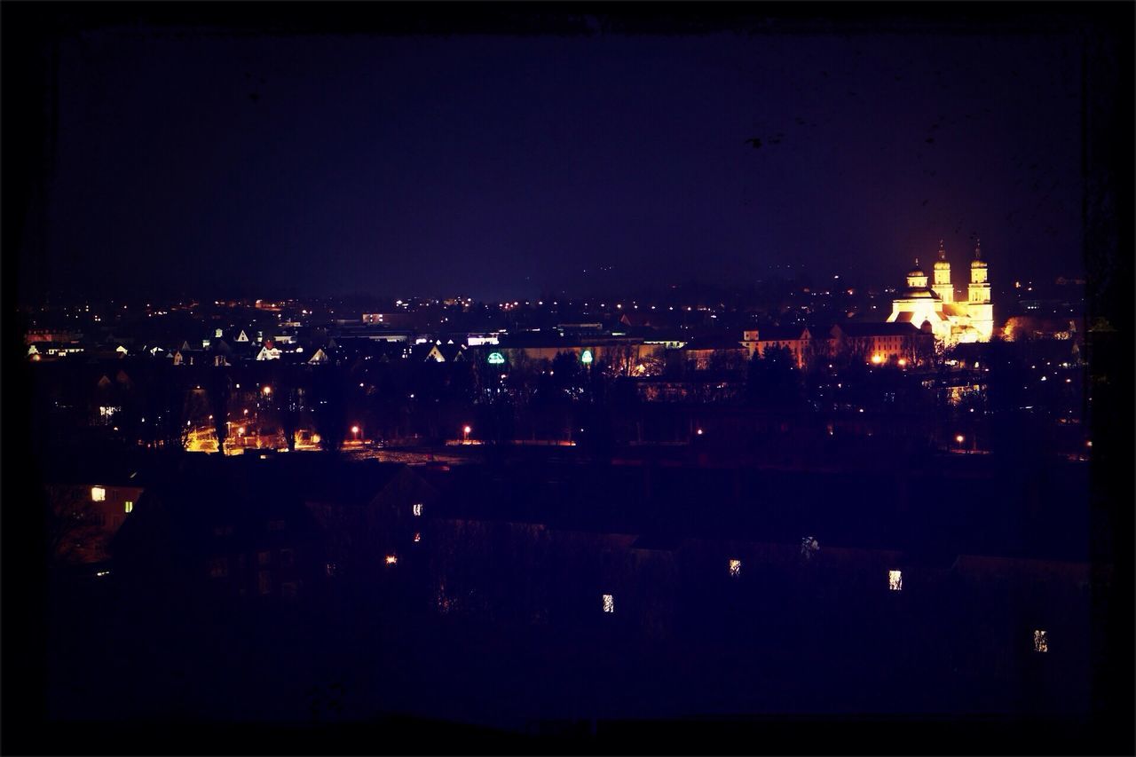 night, illuminated, cityscape, city, building exterior, architecture, built structure, crowded, copy space, high angle view, dark, residential district, residential building, clear sky, residential structure, transfer print, sky, no people, city life, auto post production filter