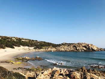 Scenic view of sea against clear blue sky