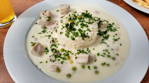 High angle view of food served in plate