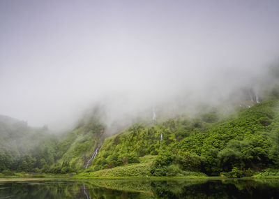 Scenic view of trees against sky during foggy weather