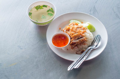 High angle view of breakfast served on table