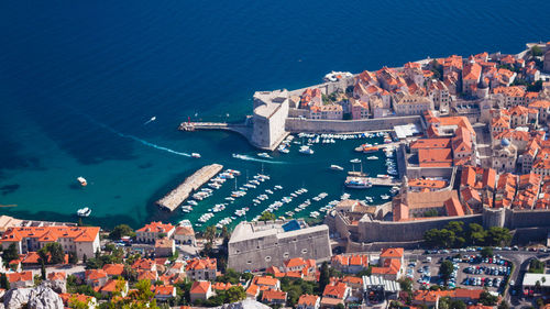 High angle view of city at seaside