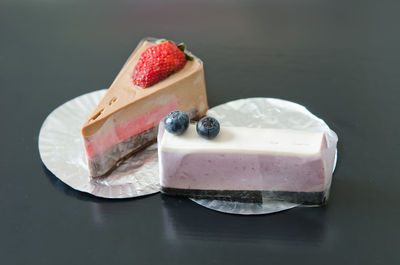 Close-up of cake against black background