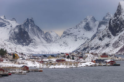 Scenic view of snowcapped mountains against sky during winter