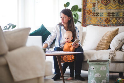 Women sitting on sofa at home