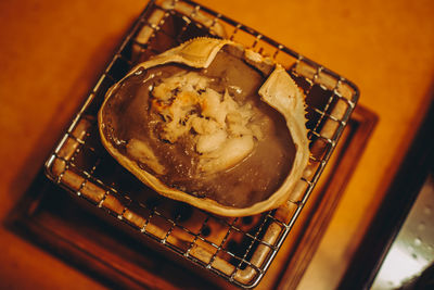 High angle view of meat in plate on table