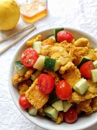 High angle view of breakfast served on table