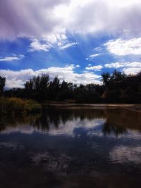 Scenic view of lake against cloudy sky