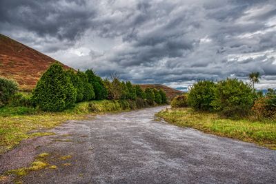 Road amidst plants against storm clouds