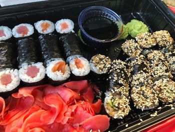 High angle view of sushi in tray