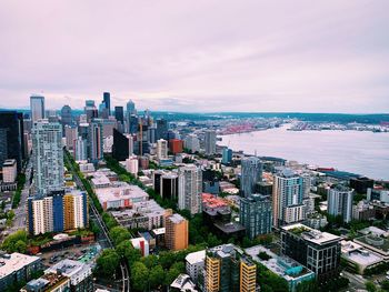 High angle view of buildings against sky in city