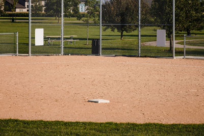 View of second base in a baseball diamond in a city park