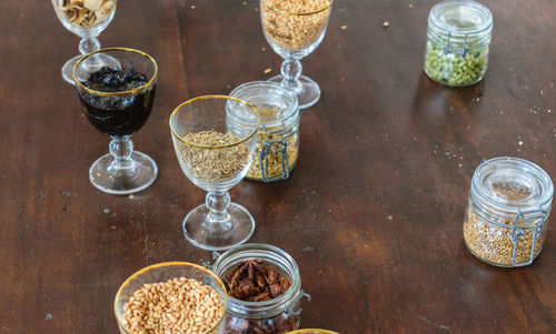 High angle view of wine glasses on table