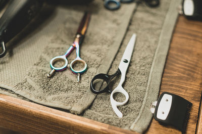 High angle view of scissors on table