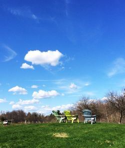 Trees on grassy field against cloudy sky