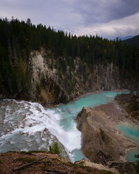 Scenic view of waterfall in forest against sky