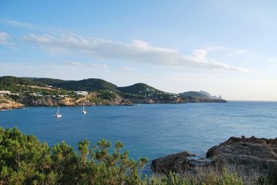 Scenic view of bay against sky