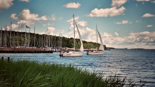 Sailboats moored on sea against sky